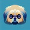 Cute Pekingese portrait on a blue background. The head of a small dog. AI-generated