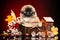 Cute pekingese puppy in wicker basket. Baby animal autumn theme