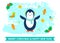 Cute penguin on background of winter symbols. Happy new year, merry christmas greeting postcard