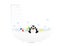 Cute penguin in a bath with toys and soap bubbles