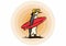 Cute penguin carrying a surfboard on the beach illustration