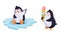 Cute penguin characters set. Adorable penguins sitting on ice and eating ice cream cartoon vector illustration