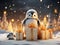 Cute Penguin Christmas and new year gift boxes, golden balls and star in snow with bokeh light background