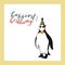 Cute penguin in cone birthday hat. hand lettering happiest birthday. holiday greeting card template