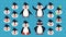 Cute penguin constructor. Vector illustration of arctic bird in different poses and its head shows emotions. Smiley