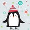 Cute penguin with cute hat on snowing background