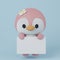Cute penguin doll character with white blank sheet of paper on blue pastel background. Advertising. Illustration in cartoon style.