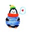 Cute penguin dreams about love. Cartoon babies and little kids. Watercolor illustration on white background