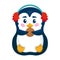 Cute penguin with earmuffs and cookie. Funny penguin cartoon character.