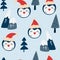 Cute penguin Faces seamless pattern. Winter background with penguins mountains and Christmas trees. New Year pattern for design