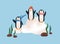 Cute penguin family in winter. Funny baby characters at North pole. Childish nursery animals, birds in scarf, hat