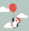 Cute penguin flying black with balloon