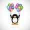 Cute penguin flying with colorful helium balloons childish cartoon design