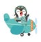 Cute penguin flying plane on sky