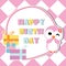 Cute penguin girl is winking on birthday gifts frame cartoon, Birthday postcard, wallpaper, and greeting card
