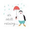 Cute Penguin in his pants holding an umbrella. The printing slogan is still raining. Vector illustration