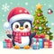 A cute penguin holding a candy stick, with christmas tree, gifts, snowflakes, cartoon, fantasy, printable