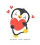 Cute penguin hug red heart cartoon drawing, Kawaii Valentine animal character illustration, playful hand drawn festive love