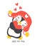 Cute penguin hug red heart cartoon drawing, Kawaii Valentine animal character illustration, playful hand drawn festive love