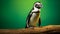 Cute Penguin On Log: Photographic Style With Green Background