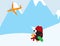 Cute Penguin with Red beanie and scarf and green suitcase looking at an airplane