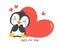 Cute penguin with red heart cartoon drawing, Kawaii Valentine animal character illustration, playful hand drawn festive love