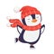 Cute penguin in red scarf on skates. Christmas character.Cartoon illustration