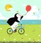 Cute penguin Riding A Bicycle In The Fields