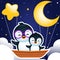 Cute Penguin Riding On Flying Boat At Night