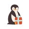 Cute penguin sitting with wrapped gift box vector flat illustration. Funny baby polar bird holding present with bow