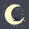 A cute penguin sleeps on the moon among the stars. Cute childish illustration in vector. For printing, interior decoration,