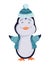 Cute penguin stand in warm clothes. Funny draw character in cartoon style. Adorable wild animal