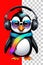 Cute penguin wearing winter hat and scarf with headphone illustration on transparent background