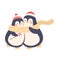 Cute Penguins as New Year Characters in Winter Hats Hugging and Embracing Each Other Vector Illustration