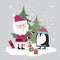 Cute penguins meet Santa on the Christmas celebration and are attended by little robins