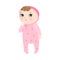 Cute pensive baby standing with kinky hair in pink pajama. Vector illustration in flat cartoon style.