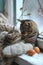 A cute persian cat sitting on a crochet mitten nest with eggs. Generative AI image.