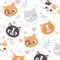 Cute pet cats face hearts love foliage cartoon background