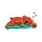 Cute pet dog sleeping on a pillow. Hand drawn cartoon orange animal.