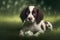Cute pet puppy dog with ball in garden on grass