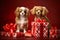 Cute pets dressed in holiday attire, playing with gift wrapping. Festive background. Generative AI