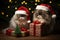 Cute pets dressed in holiday attire, playing with gift wrapping. Festive background. Generative AI