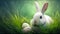 Cute photorealistic white bunny sitting in green grass with Easter eggs