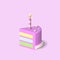 Cute piece of cake and candle on pink background