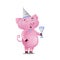 Cute pig in birthday hat holding glass, toasting