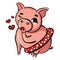 Cute pig blows kiss. Pink pig winks with eye. Fat adult pig sits in short skirt. Isolated Vector Illustration