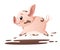 Cute pig. Cartoon character design. Running little pig in mud. Flat vector illustration isolated on white background