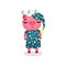 Cute pig character wearing blue pajamas and hat standing and sleeping, funny cartoon piggy animal vector Illustration