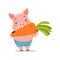 Cute pig eating carrot, funny cartoon animal vector Illustration