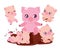 Cute Pig Family Bathe Dirt Puddle Flat Vector Illustration. Happy Chubby Baby Swine Play in Dirty Mud. Pink Young Piglet